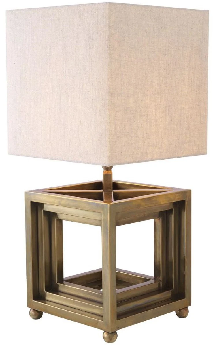 Casa Padrino Luxus Tischleuchte Vintage Messing / Beige 30 x 30 x H. 65,5 cm - Schreibtischleuchte mit quadratischem Lampenschirm - Luxus Tischleuchten - Luxus Schreibtischleuchten