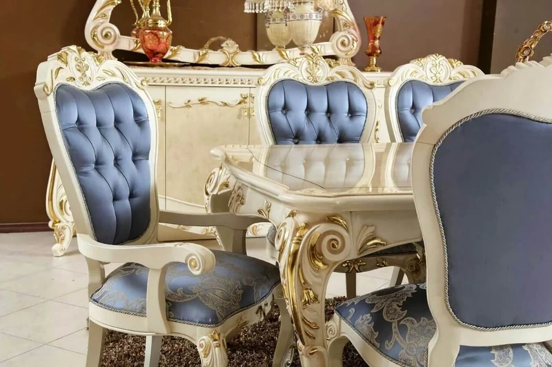 Casa Padrino Luxus Barock Esszimmer Set Blau / Weiß / Gold - 1 Barock Esstisch & 6 Barock Esszimmerstühle - Barock Esszimmer Möbel - Luxus Möbel im Barockstil - Edel & Prunkvoll