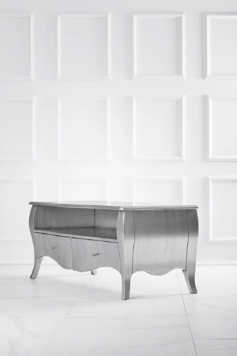 Casa Padrino Luxus Barock TV Schrank Silber - Handgefertigtes Massivholz Sideboard mit 2 Schubladen - Luxus Möbel im Barockstil - Barock Möbel - Barock Einrichtung - Edel & Prunkvoll