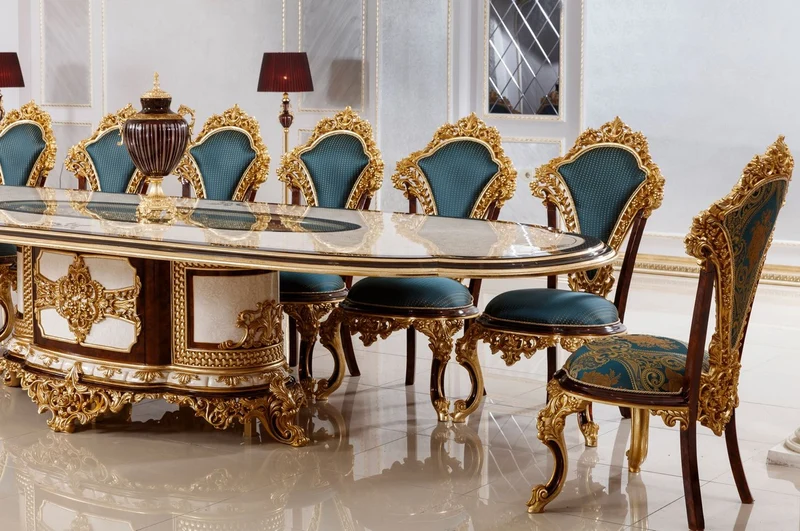 Casa Padrino Luxus Barock Esszimmer Set Weiß / Braun / Blau / Gold - 1 Barock Esstisch & 22 Barock Esszimmerstühle - Hotel Möbel - Schloss Möbel - Palast Möbel - Luxus Möbel im Barockstil