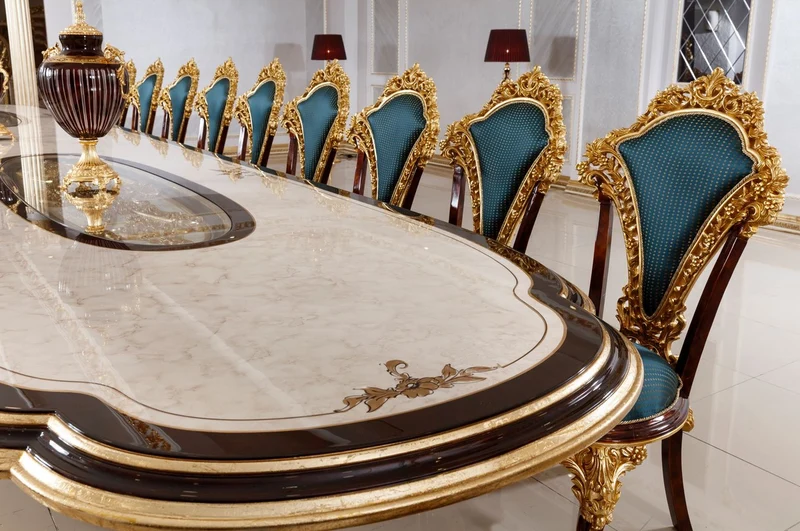 Casa Padrino Luxus Barock Esszimmer Set Weiß / Braun / Blau / Gold - 1 Barock Esstisch & 22 Barock Esszimmerstühle - Hotel Möbel - Schloss Möbel - Palast Möbel - Luxus Möbel im Barockstil