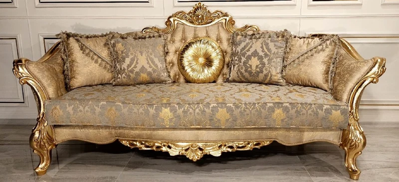 Casa Padrino Luxus Barock Sofa Gold / Grau / Gold - Prunkvolles Wohnzimmer Sofa mit elegantem Muster - Barock Wohnzimmer & Hotel Möbel - Edel & Prunkvoll