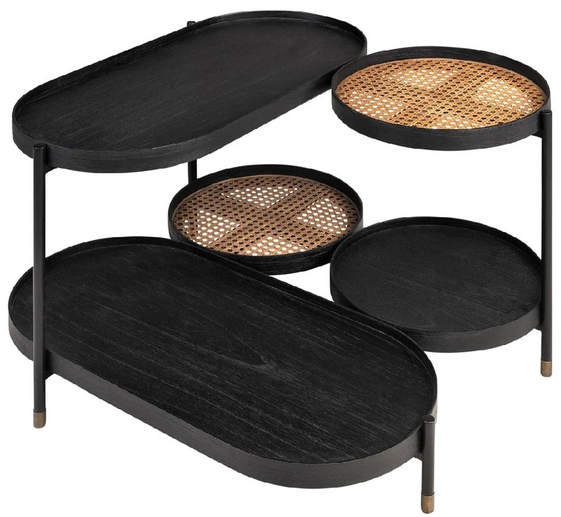 Casa Padrino Luxus Couchtisch Schwarz / Naturfarben / Messing 82,8 x 83,5 x H. 53 cm - Mindiholz & Rattan Wohnzimmertisch mit Stahl Gestell - Wohnzimmer Möbel - Luxus Möbel - Luxus Einrichtung