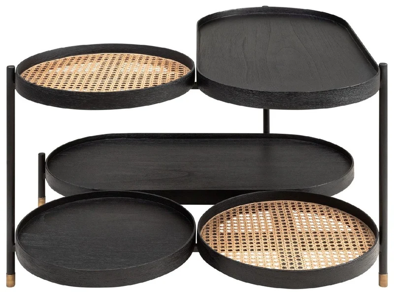 Casa Padrino Luxus Couchtisch Schwarz / Naturfarben / Messing 82,8 x 83,5 x H. 53 cm - Mindiholz & Rattan Wohnzimmertisch mit Stahl Gestell - Wohnzimmer Möbel - Luxus Möbel - Luxus Einrichtung