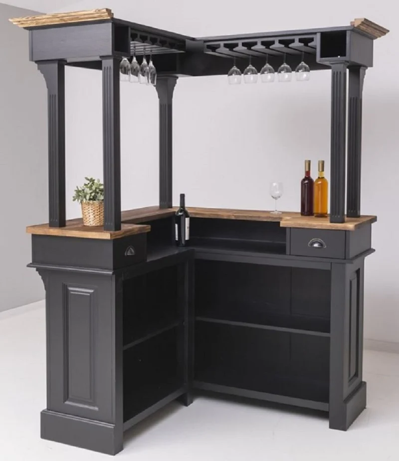 Casa Padrino Landhausstil Bar Theke Schwarz / Dunkelbraun 148 x 148 x H. 210 cm - Massivholz Thekentisch - Massivholz Barmöbel - Barmöbel im Landhausstil - Landhausstil Einrichtung