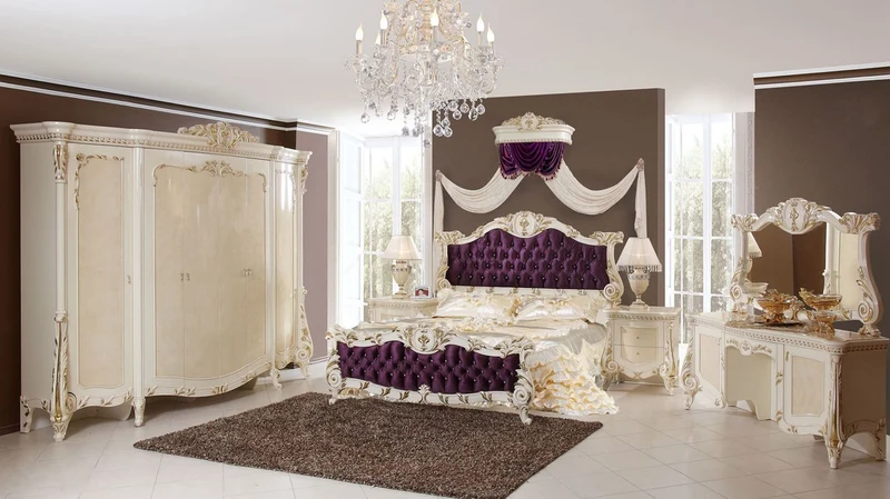 Casa Padrino Luxus Barock Doppelbett Lila / Weiß / Gold - Prunkvolles Massivholz Bett mit Glitzersteinen - Schlafzimmer Möbel im Barockstil - Edel & Prunkvoll
