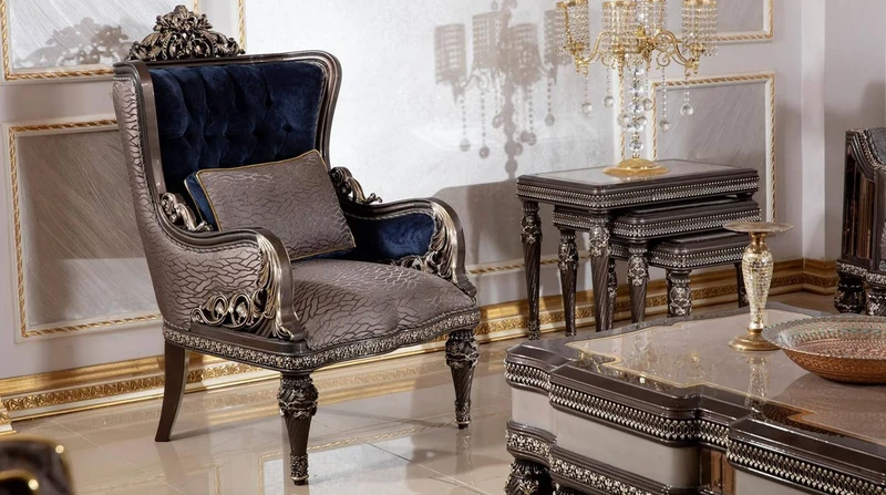 Casa Padrino Luxus Barock Sessel Royalblau / Grau / Dunkelbraun / Gold - Handgefertigter Barockstil Wohnzimmer Sessel mit elegantem Muster - Barock Wohnzimmer Möbel - Edel & Prunkvoll