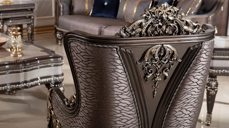 Casa Padrino Luxus Barock Sessel Royalblau / Grau / Dunkelbraun / Gold - Handgefertigter Barockstil Wohnzimmer Sessel mit elegantem Muster - Barock Wohnzimmer Möbel - Edel & Prunkvoll