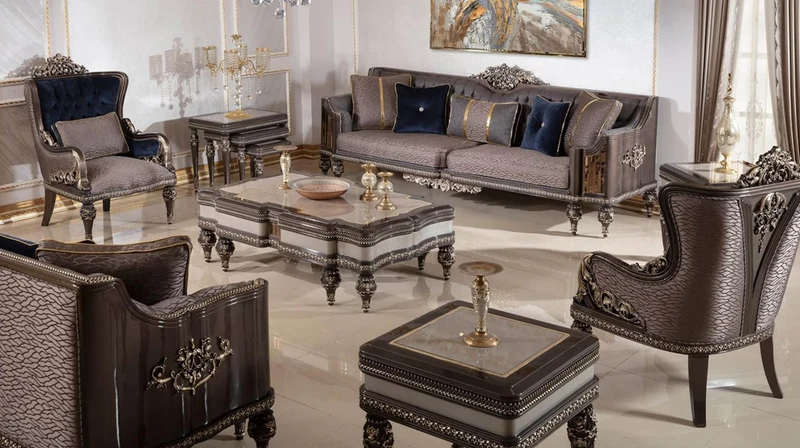 Casa Padrino Luxus Barock Sessel Royalblau / Grau / Dunkelbraun / Gold - Handgefertigter Barockstil Wohnzimmer Sessel mit elegantem Muster - Barock Wohnzimmer Möbel - Edel & Prunkvoll