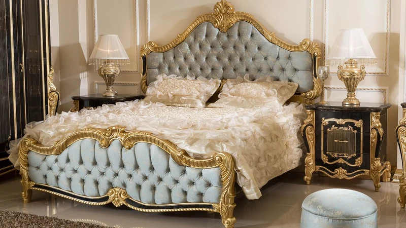 Casa Padrino Luxus Barock Schlafzimmer Set Hellblau / Schwarz / Gold - 1 Doppelbett mit Kopfteil & 2 Nachtkommoden - Schlafzimmer Möbel im Barockstil - Edel & Prunkvoll