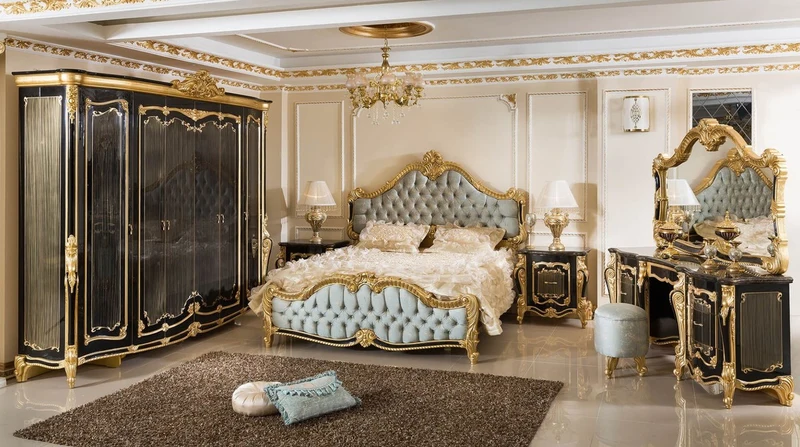 Casa Padrino Luxus Barock Schlafzimmer Set Hellblau / Schwarz / Gold - 1 Doppelbett mit Kopfteil & 2 Nachtkommoden - Schlafzimmer Möbel im Barockstil - Edel & Prunkvoll