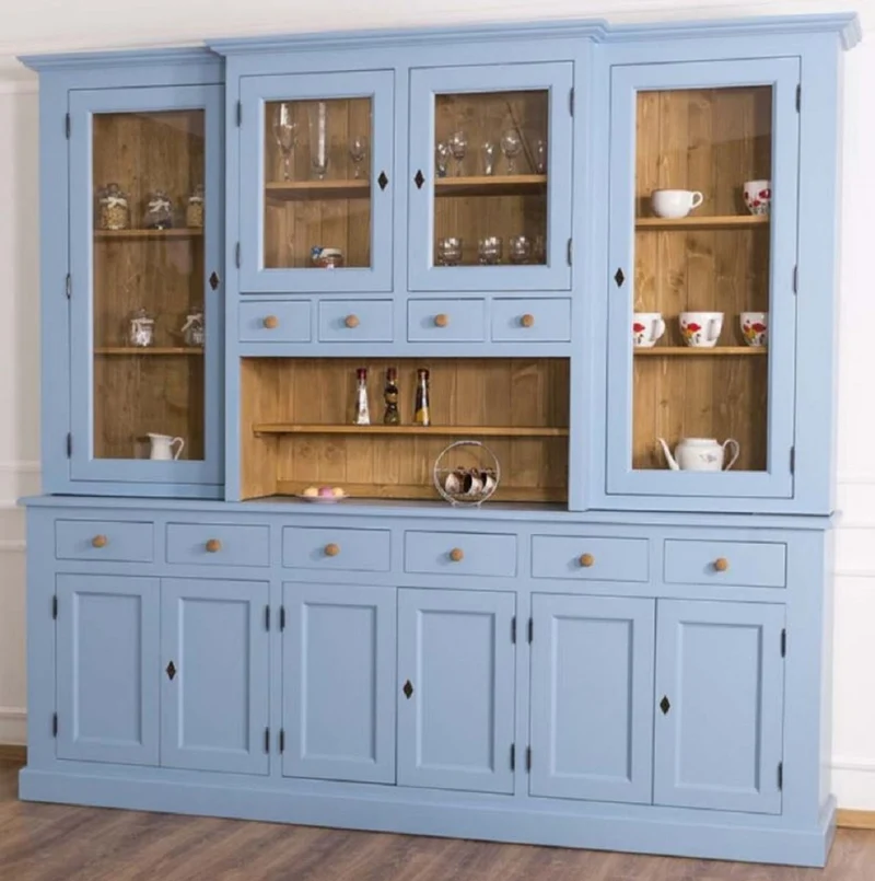 Casa Padrino Landhausstil Esszimmerschrank Hellblau / Naturfarben 245 x 47 x H. 225 cm - Massivholz Küchenschrank - Esszimmer Möbel im Landhausstil - Landhausstil Esszimmer Einrichtung