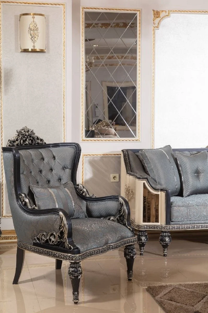 Casa Padrino Luxus Barock Sessel Hellblau / Schwarz / Gold - Handgefertigter Barockstil Wohnzimmer Sessel mit elegantem Muster - Barock Wohnzimmer Möbel - Edel & Prunkvoll