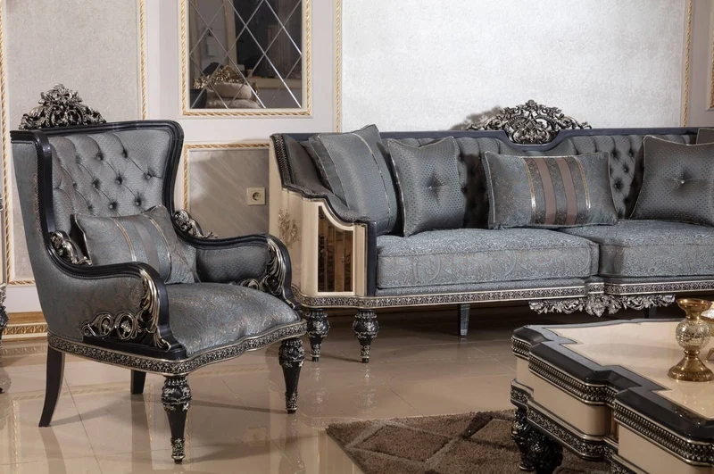 Casa Padrino Luxus Barock Sessel Hellblau / Schwarz / Gold - Handgefertigter Barockstil Wohnzimmer Sessel mit elegantem Muster - Barock Wohnzimmer Möbel - Edel & Prunkvoll