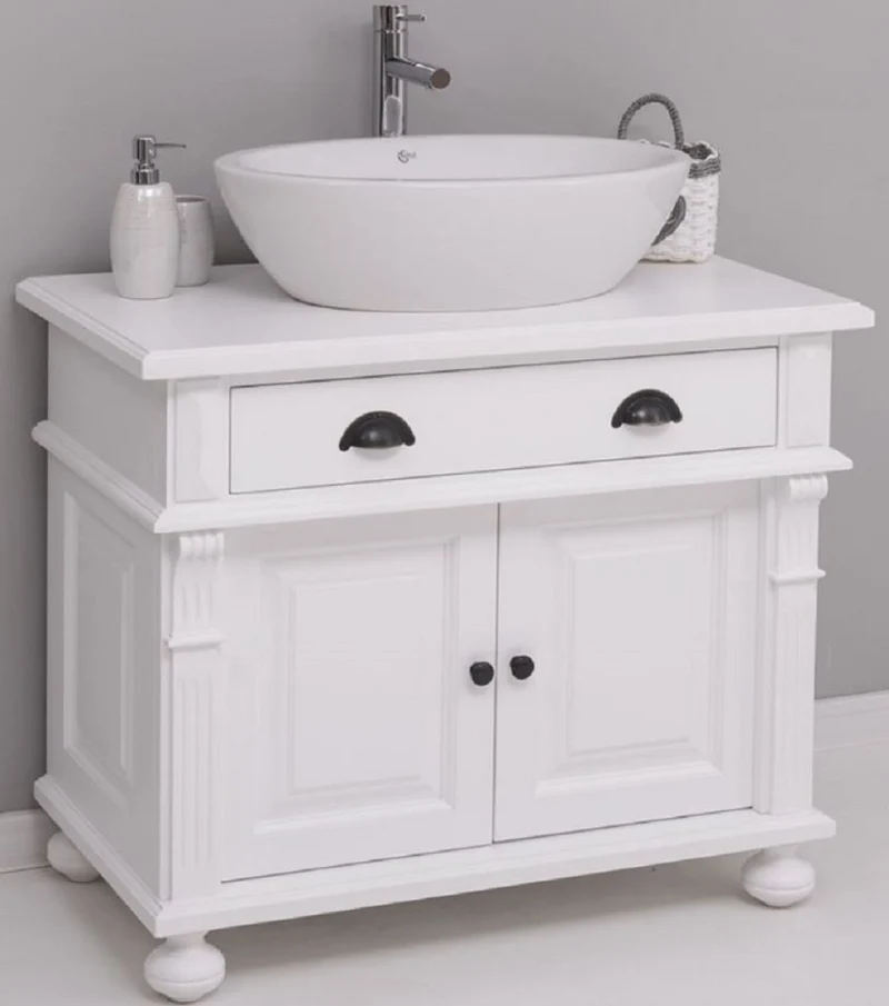 Casa Padrino Landhausstil Badezimmer Set Weiß - 1 Waschbeckenschrank & 1 Ovales Keramik Waschbecken - Badezimmer Möbel im Landhausstil - Landhausstil Möbel - Landhausstil Badezimmer Einrichtung