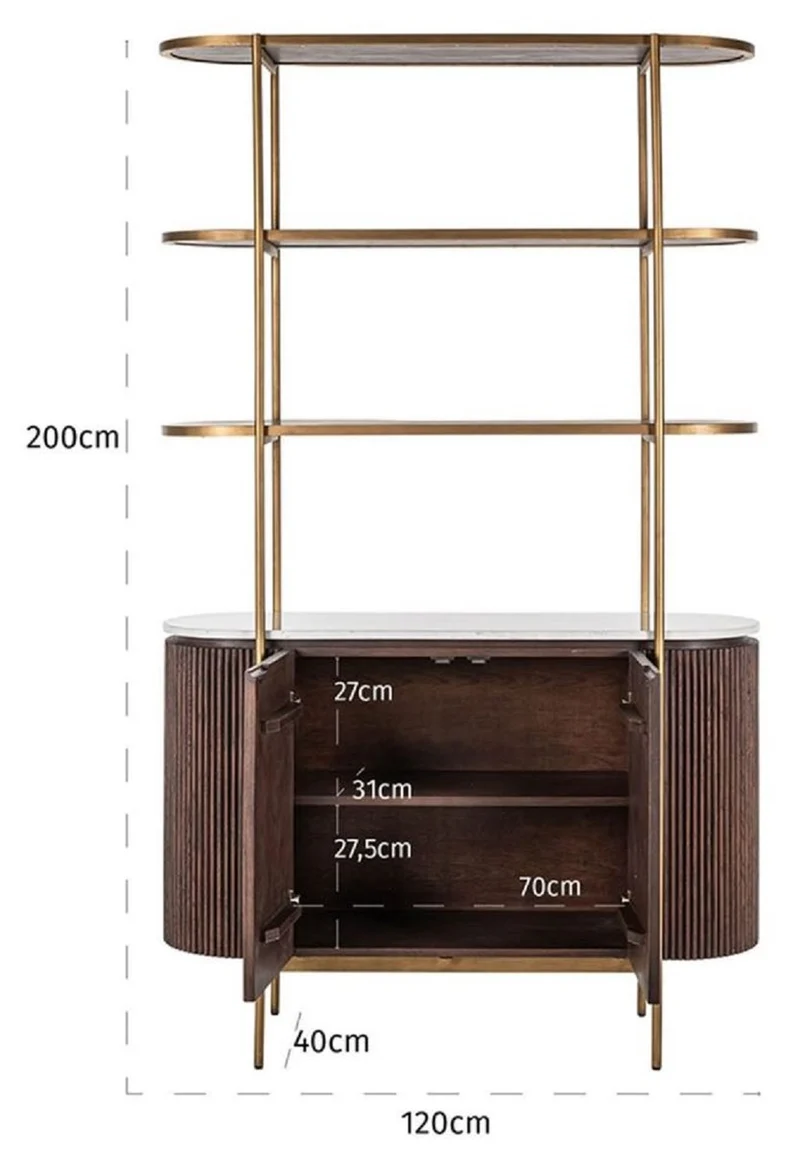 Casa Padrino Luxus Regalschrank Dunkelbraun / Weiß / Messing 120 x 40 x H. 200 cm - Wohnzimmer Möbel - Wohnzimmer Einrichtung - Luxus Möbel - Luxus Einrichtung - Möbel Luxus