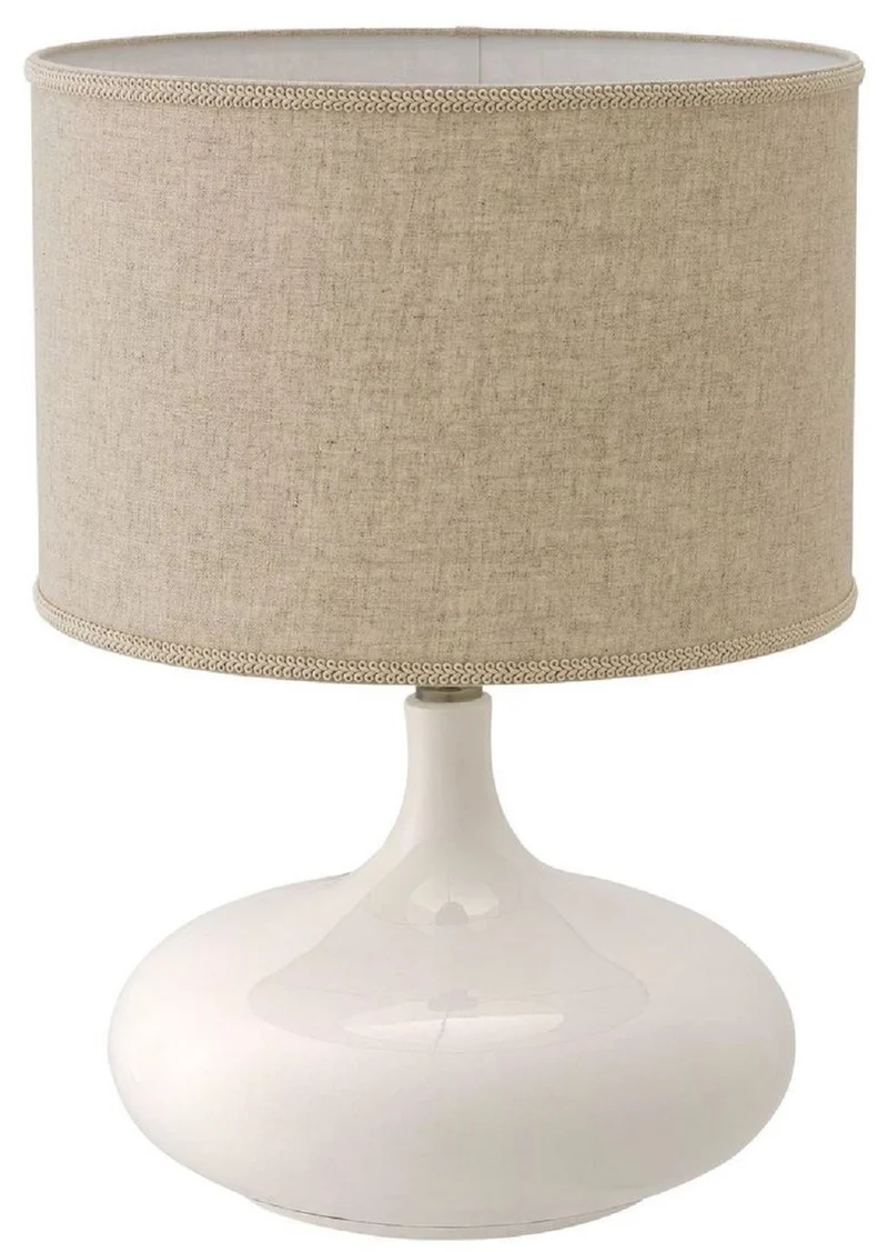 Casa Padrino Luxus Keramik Tischleuchte Weiß / Antik Messingfarben / Beige Ø 46 x H. 64,5 cm - Moderne Tischlampe mit Lampenschirm - Luxus Kollektion