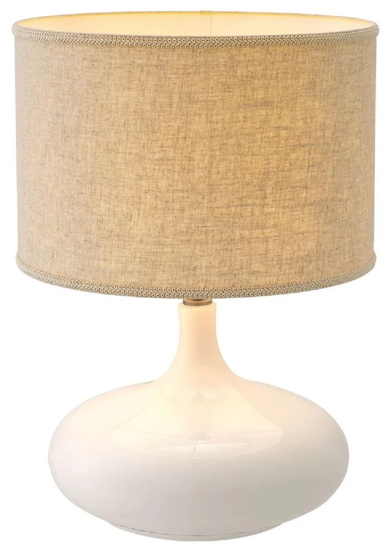 Casa Padrino Luxus Keramik Tischleuchte Weiß / Antik Messingfarben / Beige Ø 46 x H. 64,5 cm - Moderne Tischlampe mit Lampenschirm - Luxus Kollektion