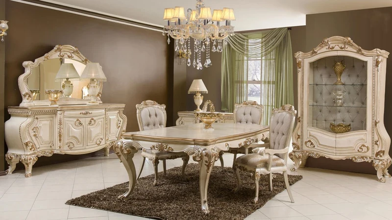 Casa Padrino Luxus Barock Esszimmer Set Creme / Gold - 1 Barock Esstisch & 6 Barock Esszimmerstühle - Barock Esszimmer Möbel - Luxus Möbel im Barockstil - Edel & Prunkvoll