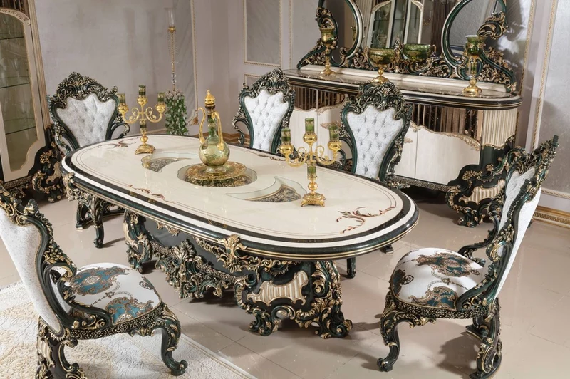 Casa Padrino Luxus Barock Esszimmer Set Weiß / Grün / Gold - 1 Barock Esstisch & 6 Barock Esszimmerstühle - Barock Esszimmer Möbel - Luxus Möbel im Barockstil - Edel & Prunkvoll - Luxus Qualität