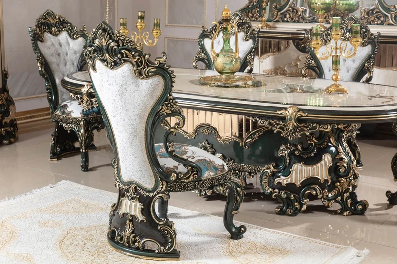 Casa Padrino Luxus Barock Esszimmer Set Weiß / Grün / Gold - 1 Barock Esstisch & 6 Barock Esszimmerstühle - Barock Esszimmer Möbel - Luxus Möbel im Barockstil - Edel & Prunkvoll - Luxus Qualität