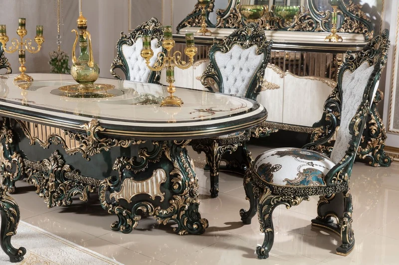Casa Padrino Luxus Barock Esszimmer Set Weiß / Grün / Gold - 1 Barock Esstisch & 6 Barock Esszimmerstühle - Barock Esszimmer Möbel - Luxus Möbel im Barockstil - Edel & Prunkvoll - Luxus Qualität