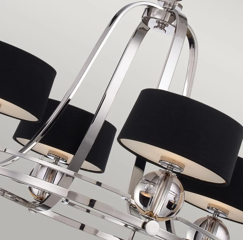 Casa Padrino Luxus Art Deco LED Kronleuchter Silber / Schwarz Ø 77,5 x H. 57,2 cm - Runder Metall Kronleuchter mit Lampenschirmen - Wohnzimmer Kronleuchter - Art Deco Leuchten - Luxus Leuchten