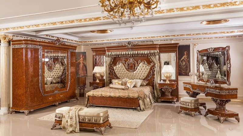 Casa Padrino Luxus Barock Schlafzimmer Set Gold / Braun / Bronzefarben - 1 Doppelbett mit Kopfteil und Rückwand & 2 Nachtkommoden - Schlafzimmer Möbel im Barockstil - Edel & Prunkvoll