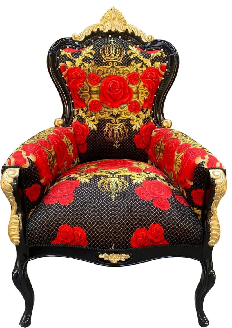 Pompöös by Casa Padrino Luxus Barock Sessel Rosen Schwarz / Rot / Gold - Pompööser Barock Sessel designed by Harald Glööckler