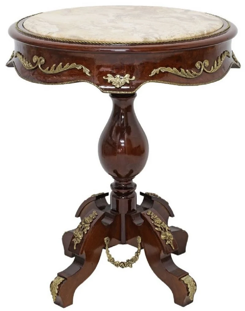 Casa Padrino Barock Beistelltisch Dunkelbraun / Messing / Creme - Antik Stil Massivholz Tisch mit runder Marmorplatte - Barock Wohnzimmer Möbel