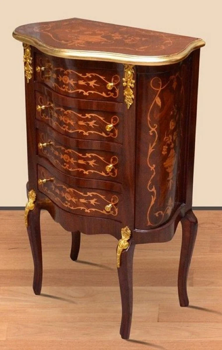 Casa Padrino Barock Nachtkommode Dunkelbraun Intarsien / Gold - Handgefertigte Massivholz Kommode im Barockstil - Antik Stil Nachttisch - Beistelltisch mit 4 Schubladen - Barock Möbel
