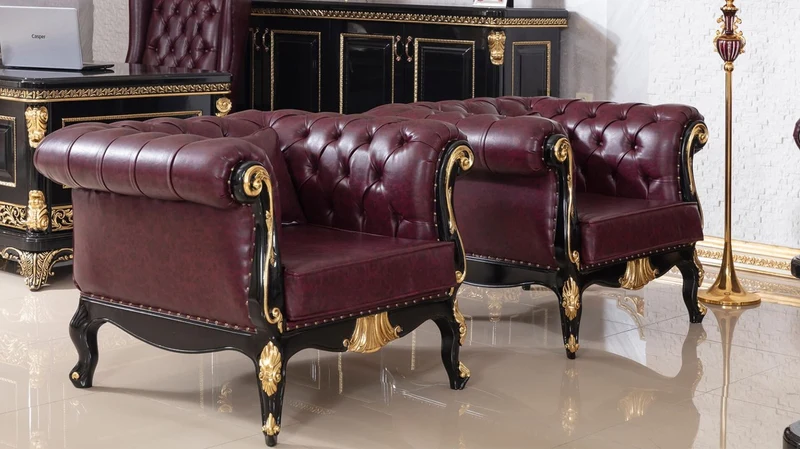 Casa Padrino Luxus Barock Chesterfield Sessel Bordeauxrot / Schwarz / Gold - Prunkvoller Wohnzimmer Sessel mit edlem Kunstleder - Barock Chesterfield Wohnzimmer Möbel