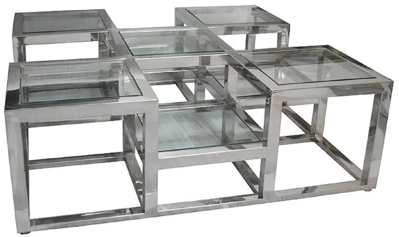 Casa Padrino Luxus Couchtisch Silber 120 x 120 x H. 40 cm - Quadratischer Metall Wohnzimmertisch mit Glasplatten - Wohnzimmer Möbel - Luxus Möbel