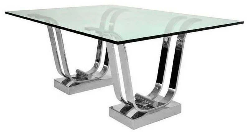 Casa Padrino Luxus Esstisch Silber 220 x 120 x H. 75 cm - Rechteckiger Metall Küchentisch mit Glasplatte - Esszimmer Möbel - Küchen Möbel - Luxus Möbel