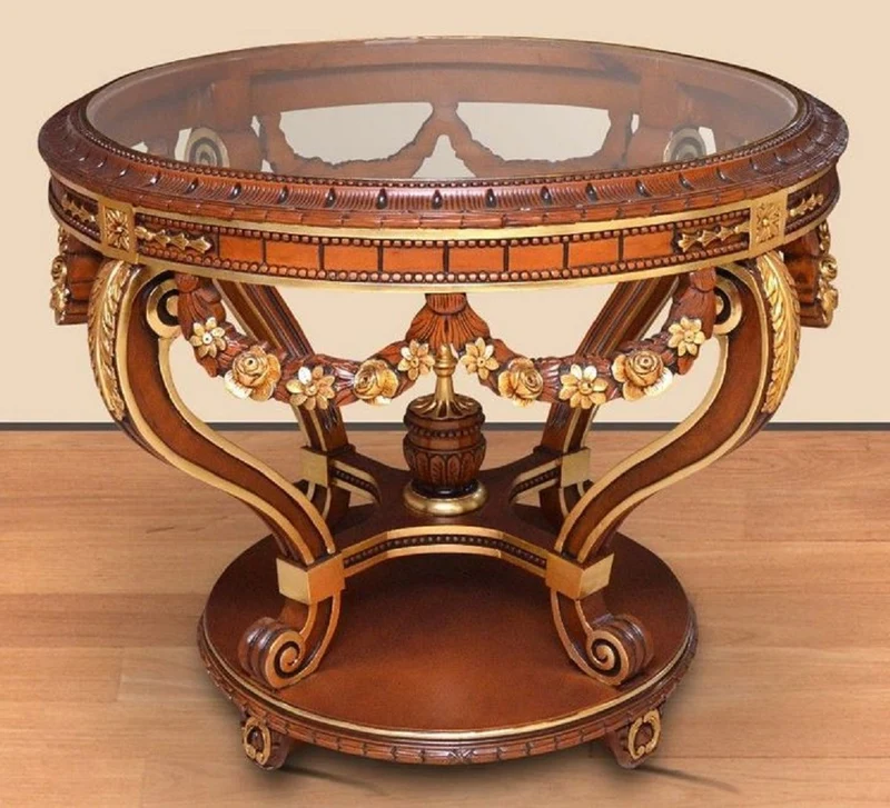 Casa Padrino Barock Konferenztisch Braun / Gold - Runder Massivholz Büro Tisch mit Glasplatte - Barock Büro Möbel - Edel & Prunkvoll