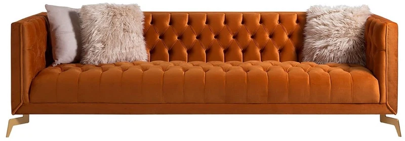 Casa Padrino Luxus Chesterfield 3er Sofa Orange / Messingfarben 240 x 85 x H. 75 cm - Chesterfield Wohnzimmer Sofa - Chesterfield Wohnzimmer Möbel - Luxus Kollektion