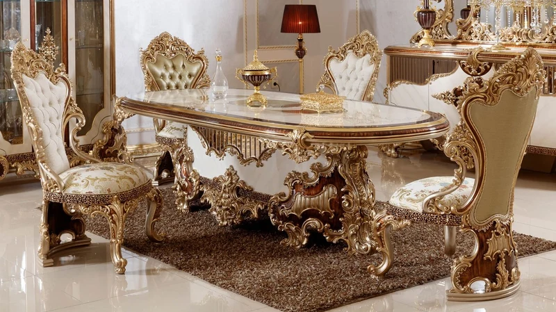 Casa Padrino Luxus Barock Esszimmer Set Weiß / Braun / Gold - 1 Barock Esstisch & 6 Barock Esszimmerstühle - Barock Esszimmer Möbel - Luxus Möbel im Barockstil - Edel & Prunkvoll - Luxus Qualität