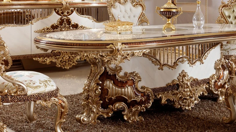 Casa Padrino Luxus Barock Esszimmer Set Weiß / Braun / Gold - 1 Barock Esstisch & 6 Barock Esszimmerstühle - Barock Esszimmer Möbel - Luxus Möbel im Barockstil - Edel & Prunkvoll - Luxus Qualität