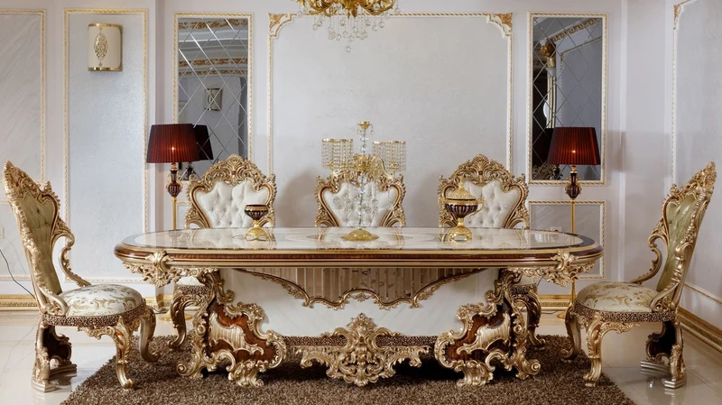 Casa Padrino Luxus Barock Esszimmer Set Weiß / Braun / Gold - 1 Barock Esstisch & 6 Barock Esszimmerstühle - Barock Esszimmer Möbel - Luxus Möbel im Barockstil - Edel & Prunkvoll - Luxus Qualität