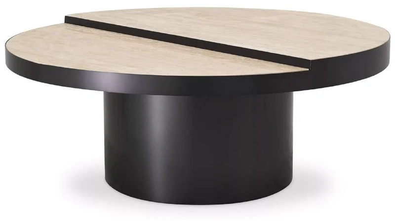 Casa Padrino Luxus Couchtisch Bronze / Beige Ø 88 x H. 35 cm - Runder Edelstahl Wohnzimmertisch mit 2 Travertin Tischplatten - Wohnzimmer Möbel - Luxus Möbel - Luxus Einrichtung