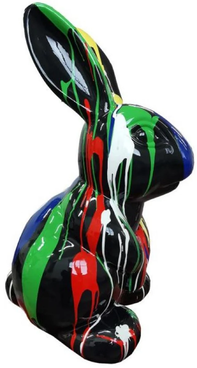 Casa Padrino Luxus Designer Dekofigur Hase Schwarz / Mehrfarbig H. 65 cm - Wetterbeständige Deko Skulptur - Wohnzimmer Deko Figur - Garten Deko Figur - Luxus Deko Tierfigur - Deko Accessoires