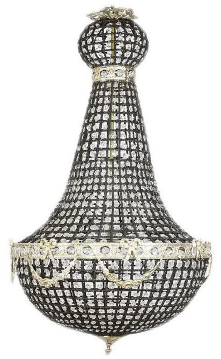 Casa Padrino Luxus Barock Kristall Kronleuchter Schwarz / Silber Ø 55 x H. 110 cm - Prunkvoller Barockstil Kronleuchter - Barock Kristall Leuchten - Edel & Prunkvoll
