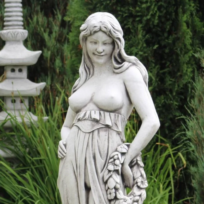 Casa Padrino Jugendstil Garten Deko Skulptur Frau mit Kranz Grau H. 150 cm - Elegante Garten Deko Stein Figur - Barock & Jugendstil Garten Deko Accessoires