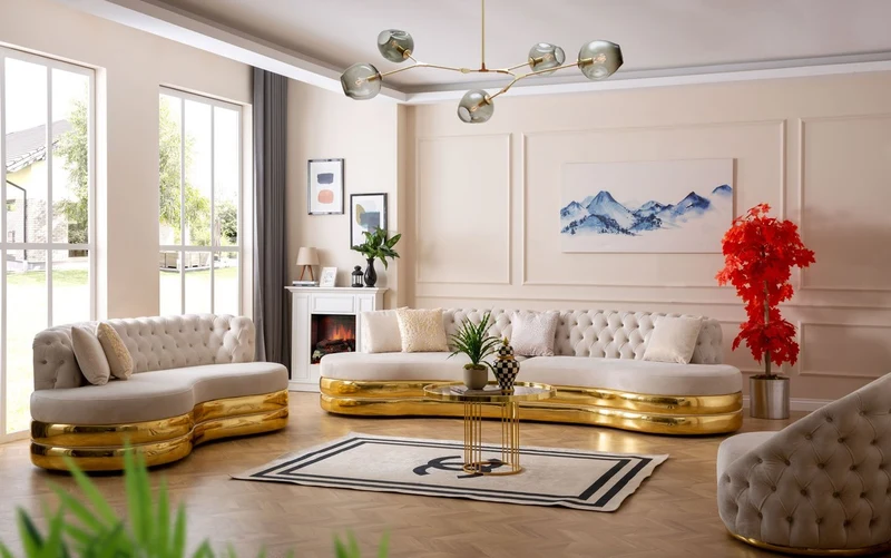 Casa Padrino Luxus Chesterfield 3er Sofa Creme / Gold 230 x 105 x H. 82 cm - Gebogenes Chesterfield Wohnzimmer Sofa - Wohnzimmer Möbel - Chesterfield Möbel - Luxus Möbel - Luxus Einrichtung