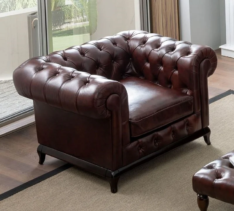 Casa Padrino Luxus Chesterfield Kunstleder Sessel Dunkelbraun 115 x 90 x H. 75 cm - Wohnzimmer Sofa - Wohnzimmer Möbel - Luxus Möbel - Luxus Wohnzimmer Einrichtung - Möbel Luxus