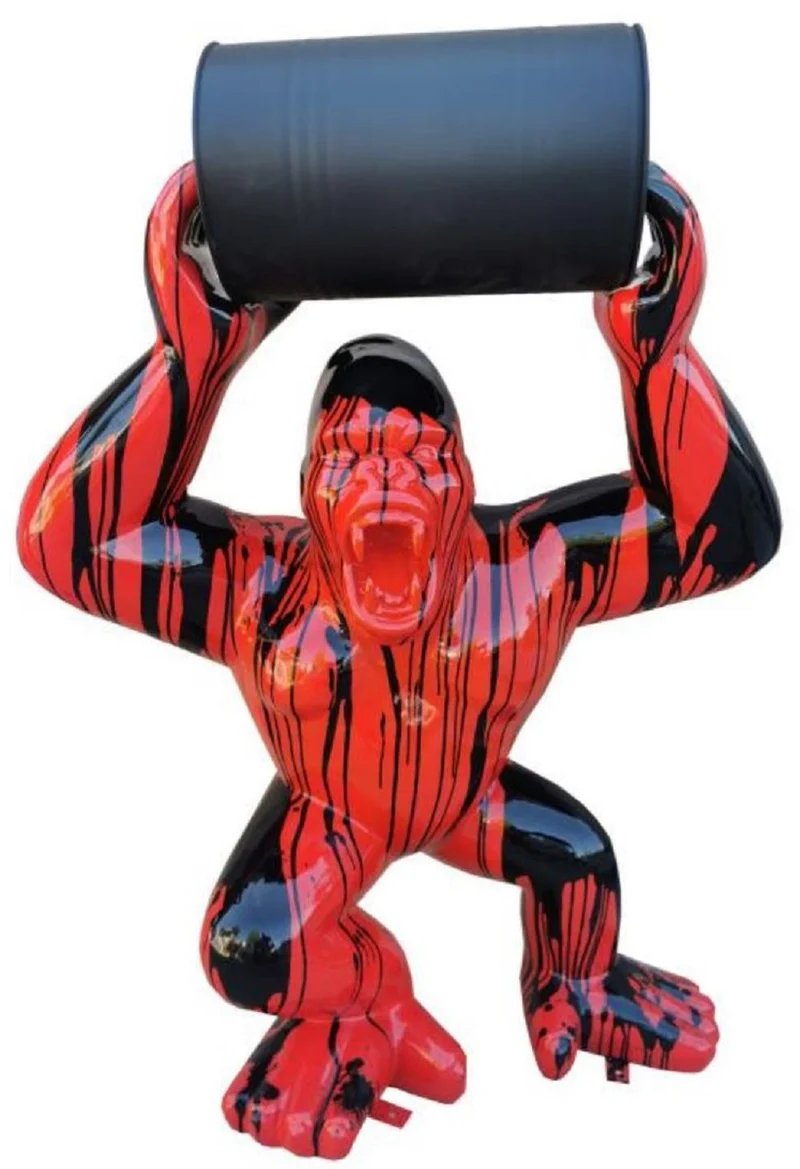 Casa Padrino Luxus Deko Skulptur Gorilla Affe mit Fass Rot / Schwarz H. 140 cm - Große Deko Figur - XXL Deko Skulptur - XXL Deko Figur - Wohnzimmer Deko - Garten Deko - Luxus Figuren