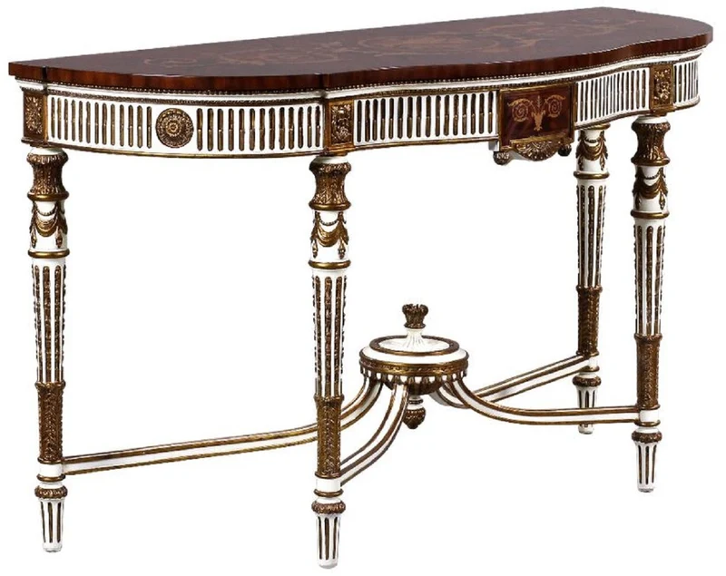 Casa Padrino Luxus Barock Konsole Weiß / Braun / Gold - Handgefertigter Massivholz Konsolentisch mit Schublade - Luxus Wohnzimmer Möbel im Barockstil - Barock Möbel - Barock Einrichtung