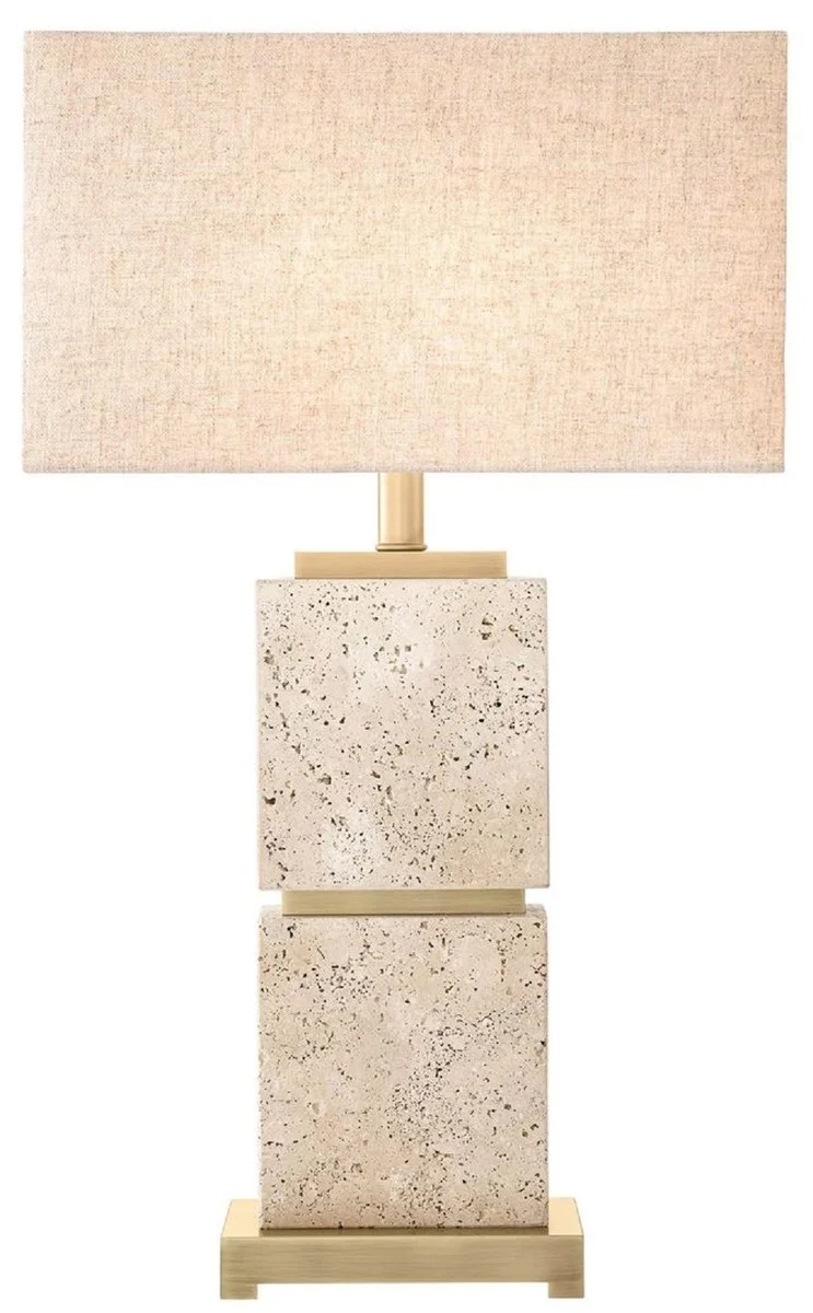 Casa Padrino Luxus Tischleuchte Beige / Antik Messing 40 x 22 x H. 70,5 cm - Travertin Schreibtischleuchte mit rechteckigem Lampenschirm - Luxus Tischleuchten - Luxus Schreibtischleuchten