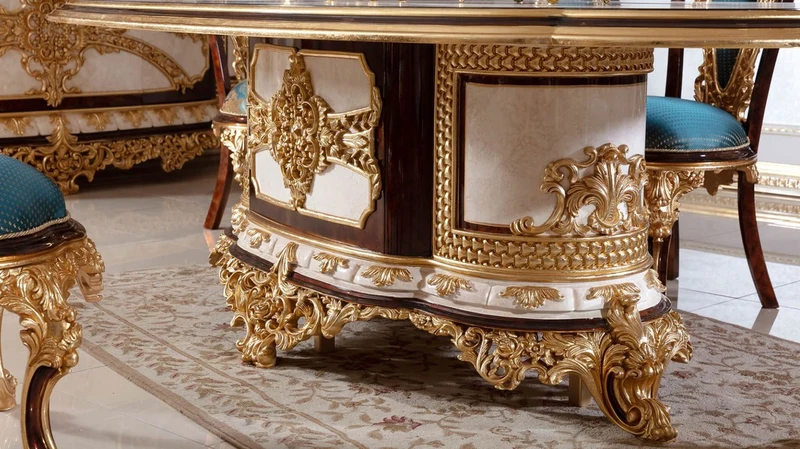 Casa Padrino Luxus Barock Esszimmer Set Weiß / Braun / Blau / Gold - 1 Barock Esstisch & 6 Barock Esszimmerstühle - Barock Esszimmer Möbel - Edel & Prunkvoll