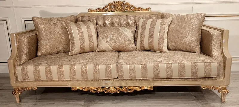 Casa Padrino Luxus Barock Sofa Gold / Beige / Gold - Prunkvolles Wohnzimmer Sofa mit Streifen - Barock Wohnzimmer & Hotel Möbel - Edel & Prunkvoll